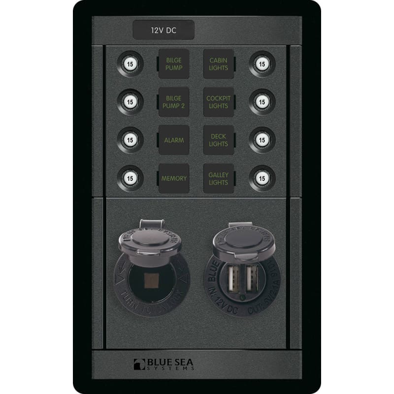Blue Sea 1498 - 360 Panel - 8 Position 12V Panel w/Dual USB 12V Socket [1498] Brand_Blue Sea Systems, Electrical, Electrical | Circuit 