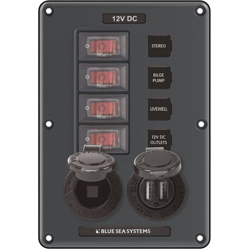 Blue Sea 4321 Circuit Breaker Switch Panel 4 Position - Gray w/12V Socket Dual USB [4321] 1st Class Eligible, Brand_Blue Sea Systems, 