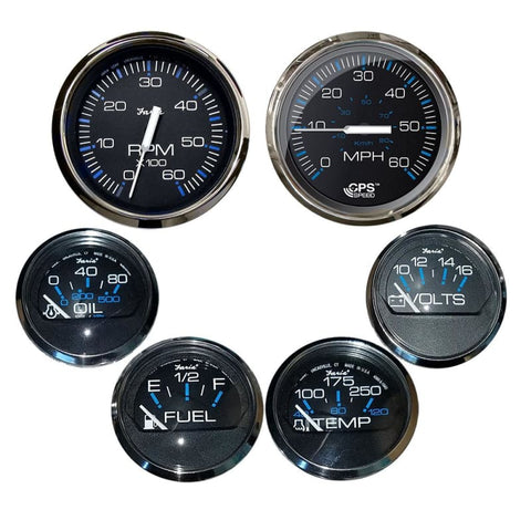 Faria Chesapeake Black w/Stainless Steel Bezel Boxed Set of 6 - Speed Tach Fuel Level Voltmeter Water Temperature Oil PSI - Inboard Motors 