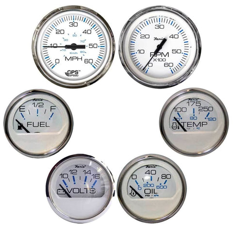 Faria Chesapeake White w/Stainless Steel Bezel Boxed Set of 6 - Speed Tach Fuel Level Voltmeter Water Temperature Oil PSI - Inboard Motors 